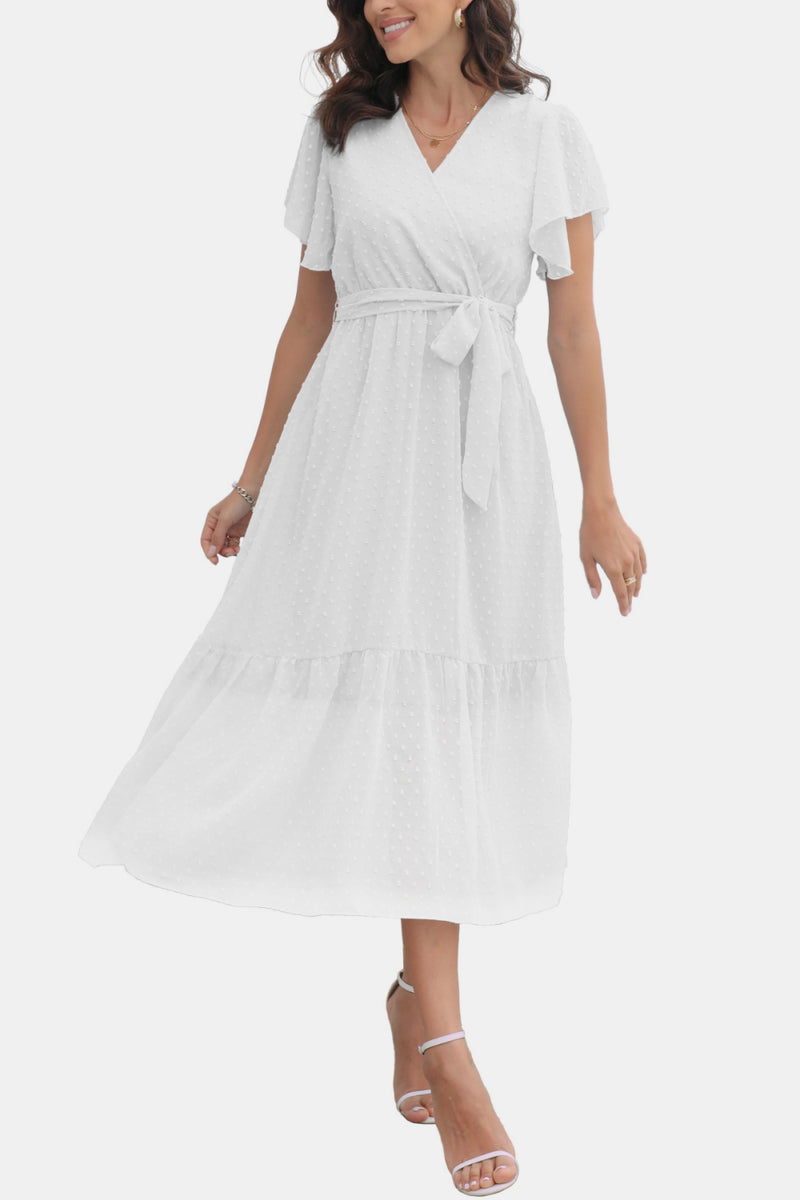 Surplice Neck Flutter Sleeve Tied Dress