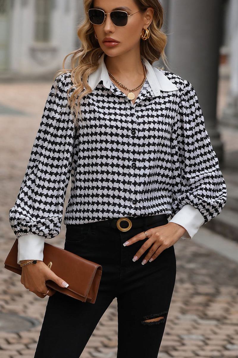 Honey Printed Collared Neck Lantern Sleeve Shirt