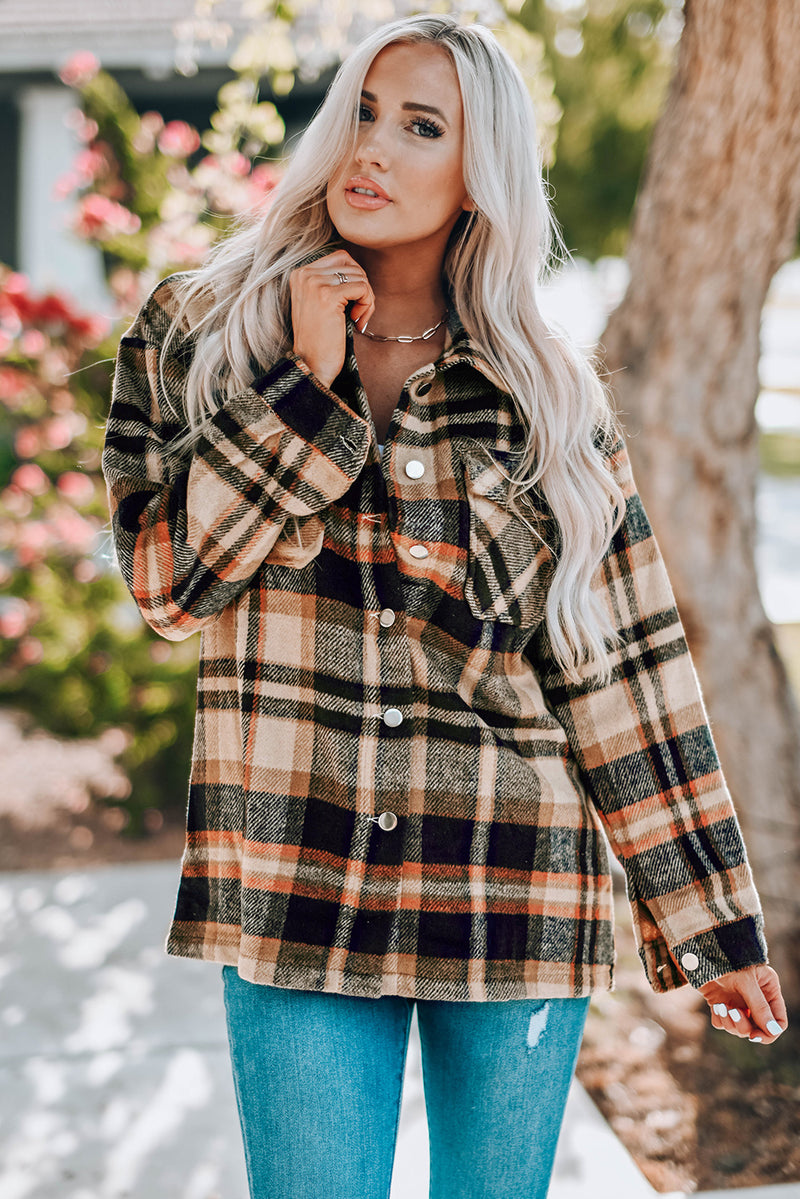 Plaid Button Front Shirt Jacket with Breast Pockets Khaki
