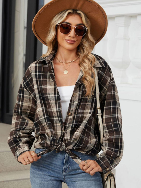 Plaid Collared Neck Long Sleeve Shirt Coffee Brown