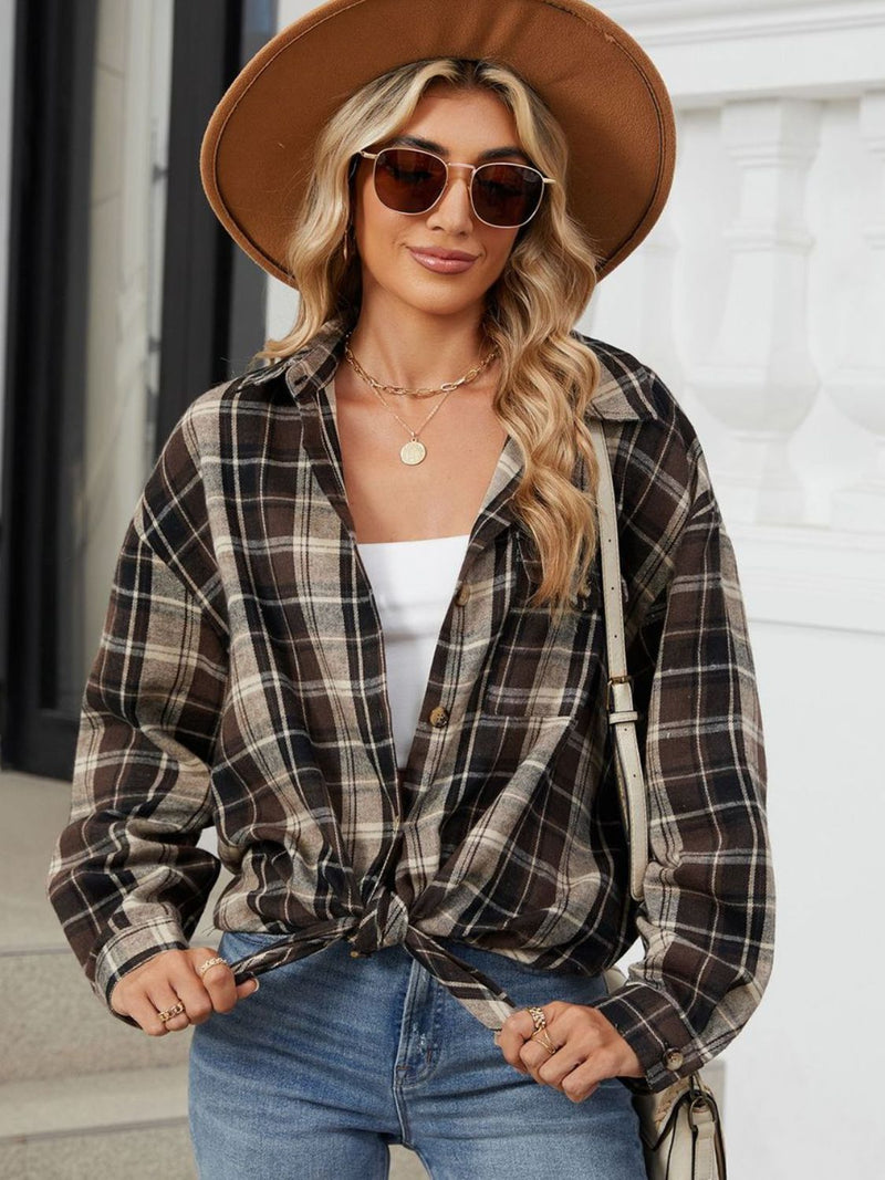 Plaid Collared Neck Long Sleeve Shirt Coffee Brown