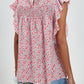 Ruffled Ditsy Floral Mock Neck Cap Sleeve Blouse