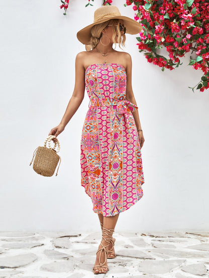 Printed Strapless Tie Belt Dress