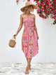 Printed Strapless Tie Belt Dress Hot Pink