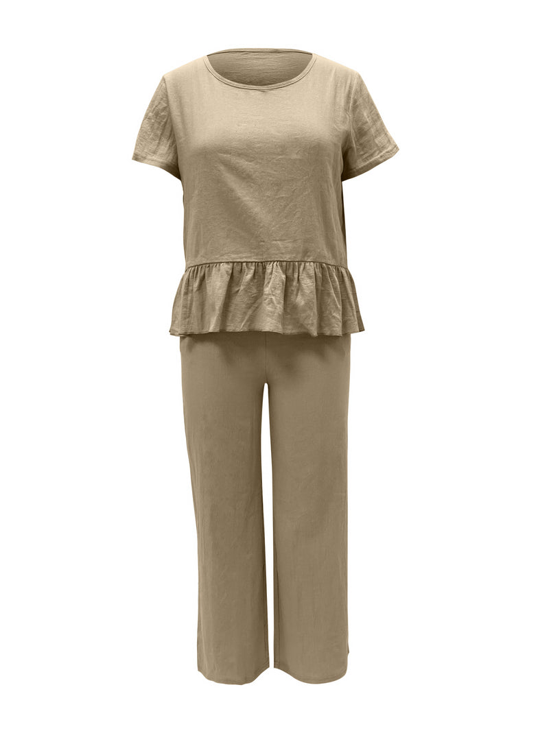 Peplum Round Neck Short Sleeve Top and Pants Set