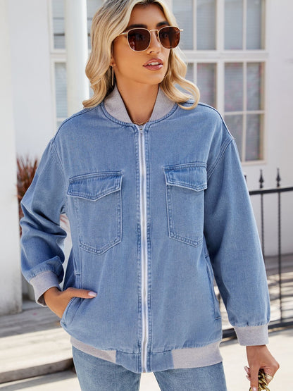 Pocketed Zip Up Baseball Collar Denim Jacket Medium