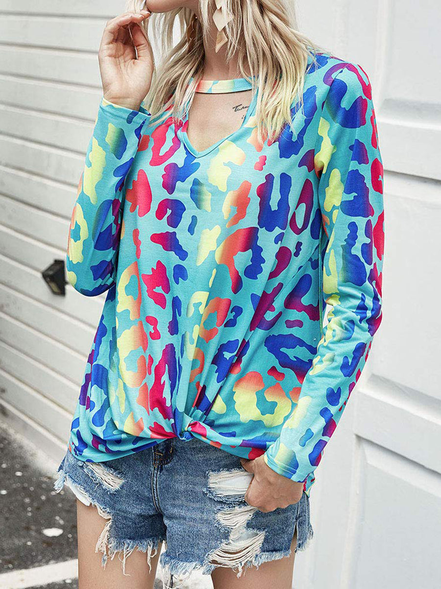 Cutout Round Neck Long Sleeve T-Shirt Aqua