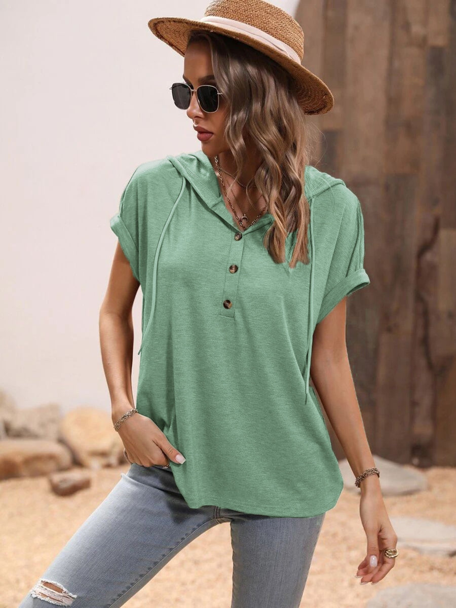 Half Button Hooded Short Sleeve Blouse Light Green