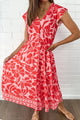 Floral Ruffled V-Neck Midi Dress with Button Front Coral
