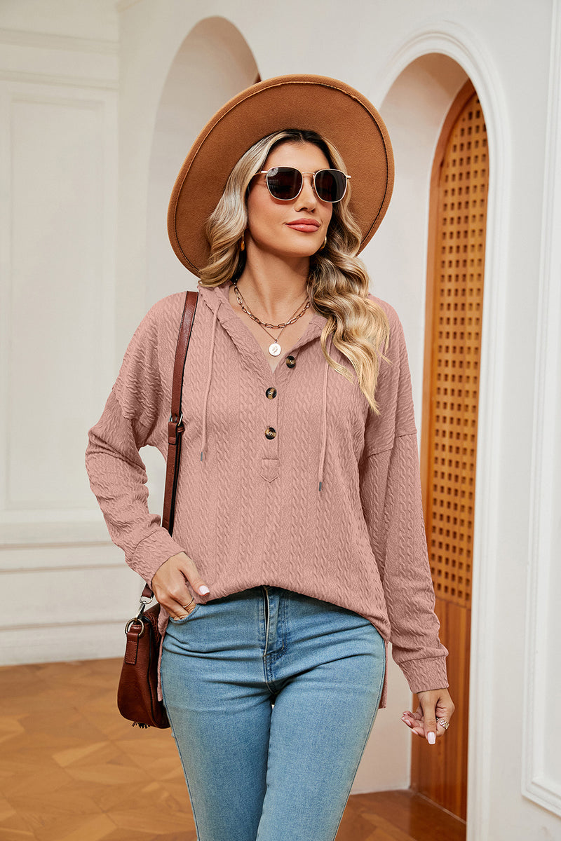 Half-Button Dropped Shoulder Hoodie Coral