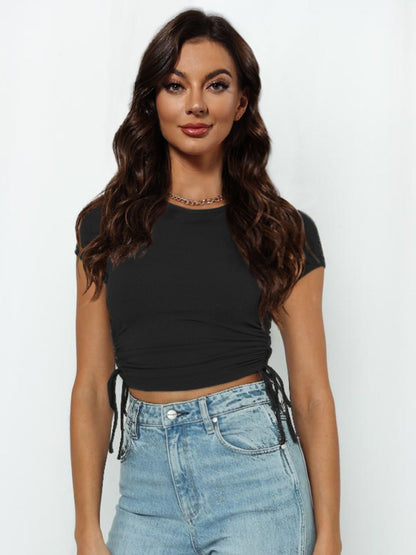 Round Neck Short Sleeve Drawstring Tee Black