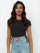 Round Neck Short Sleeve Drawstring Tee Black