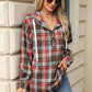 Drawstring Plaid Hooded Long Sleeve Top