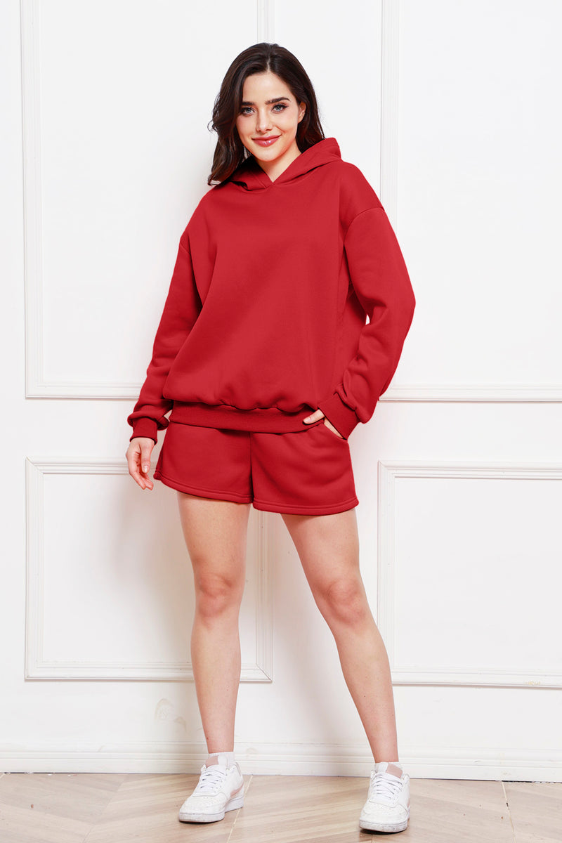 Drop Shoulder Long Sleeve Hoodie and Shorts Set Deep Red
