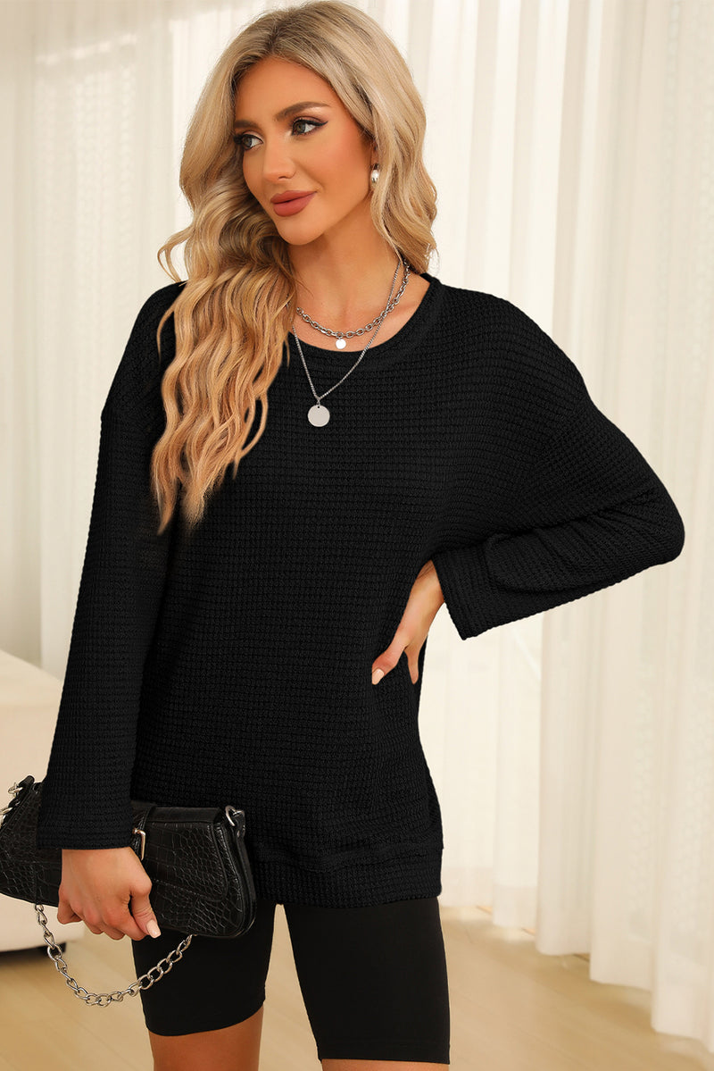 Waffle-Knit Round Neck Long Sleeve Sweatshirt