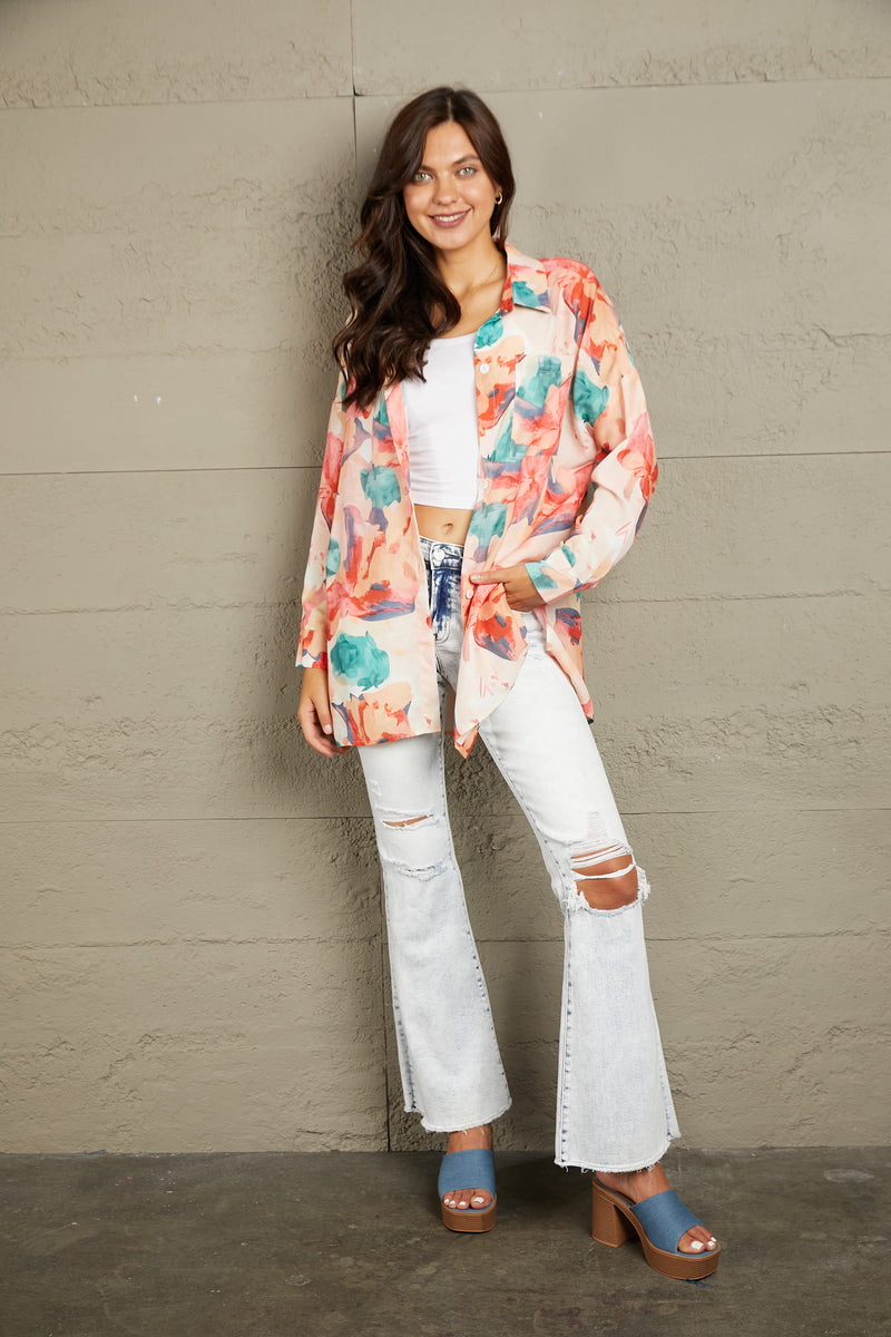 Floral Long Sleeve Slit Longline Shirt