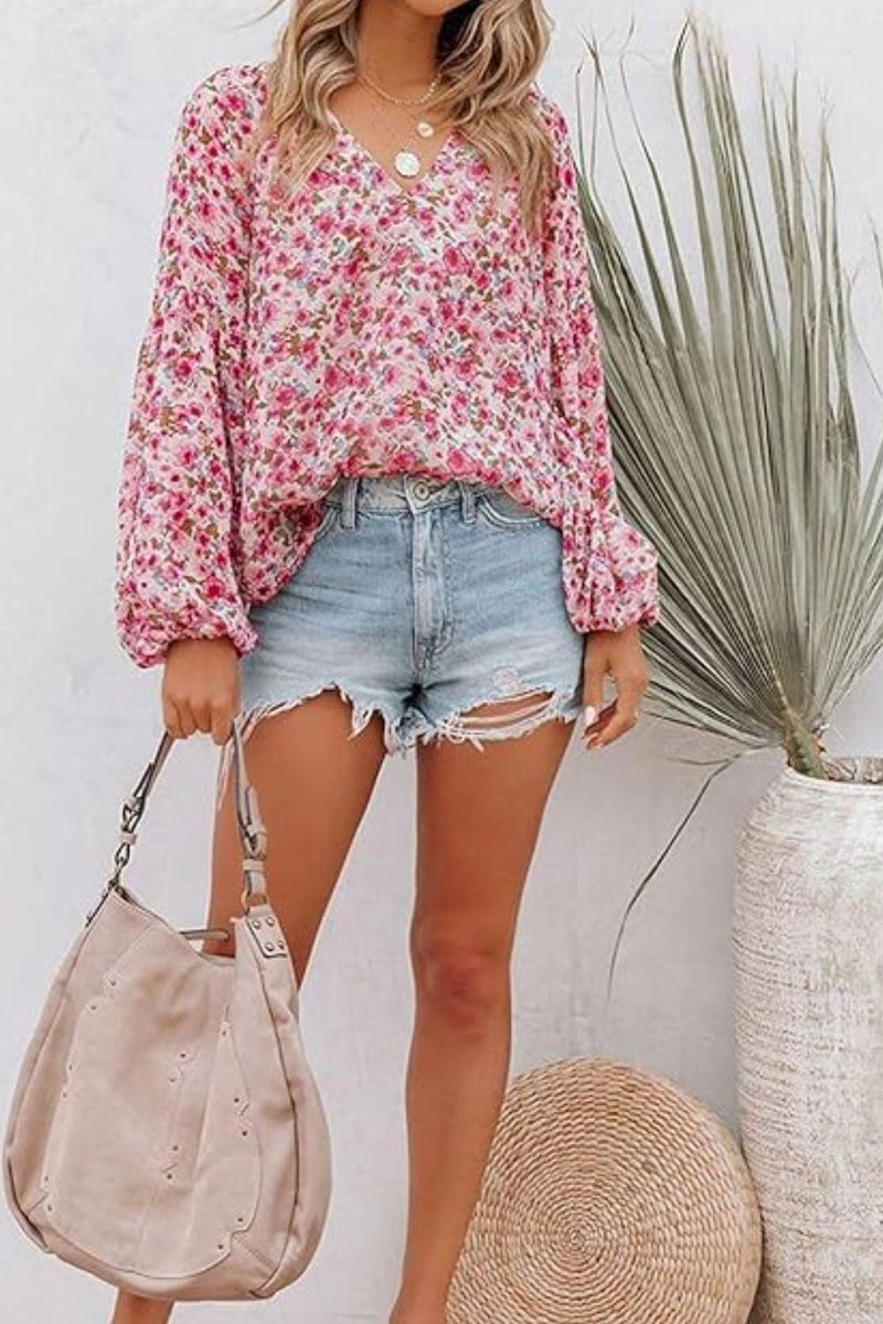 Printed Notched Long Sleeve Blouse