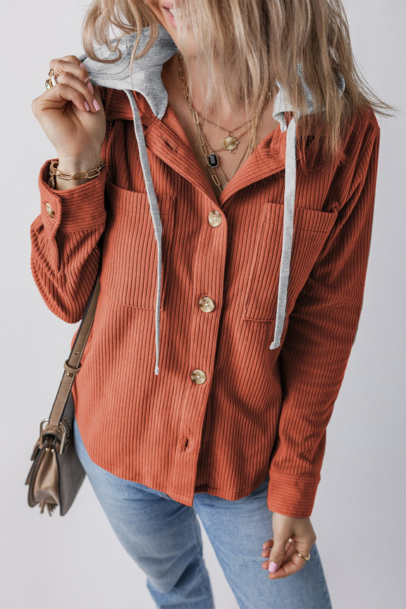 Drawstring Button Up Long Sleeve Hooded Jacket Orange-Red
