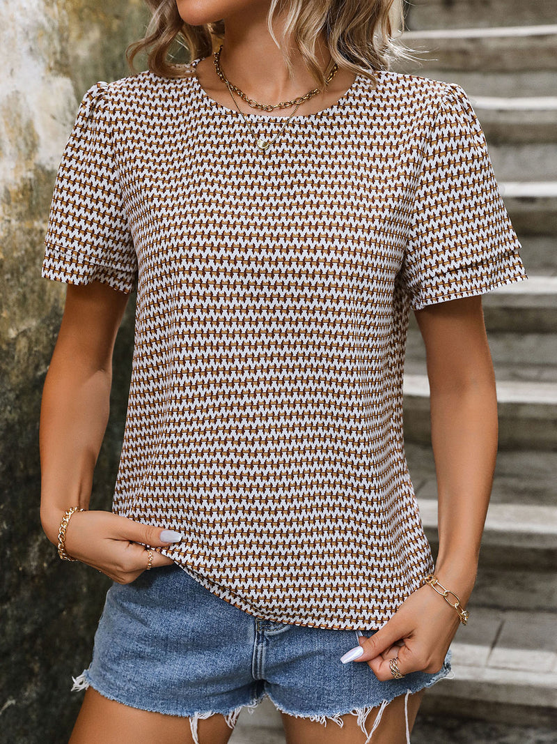 Perfee Printed Round Neck Short Sleeve Blouse