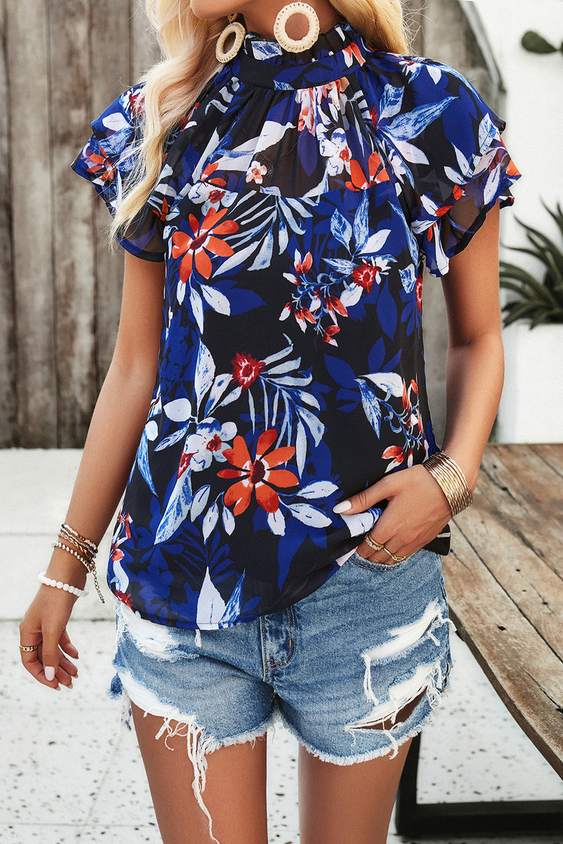 Devine Printed Ruffled Mock Neck Blouse Black
