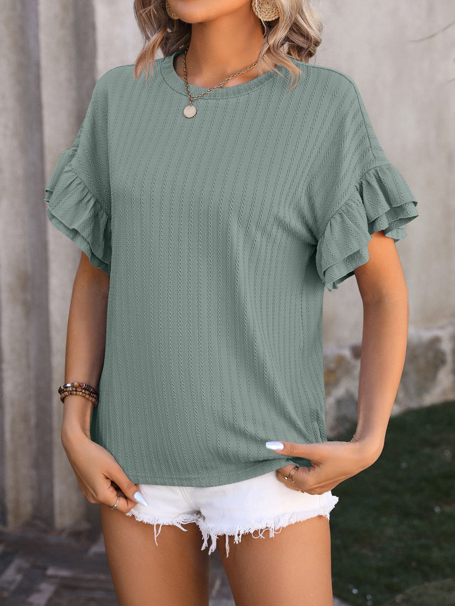 Mandy Ruffled Round Neck Short Sleeve Blouse Sage