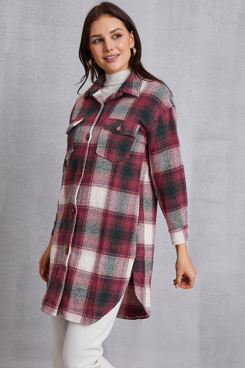 MeiMei Plaid Button Up Dropped Shoulder Coat with Pockets