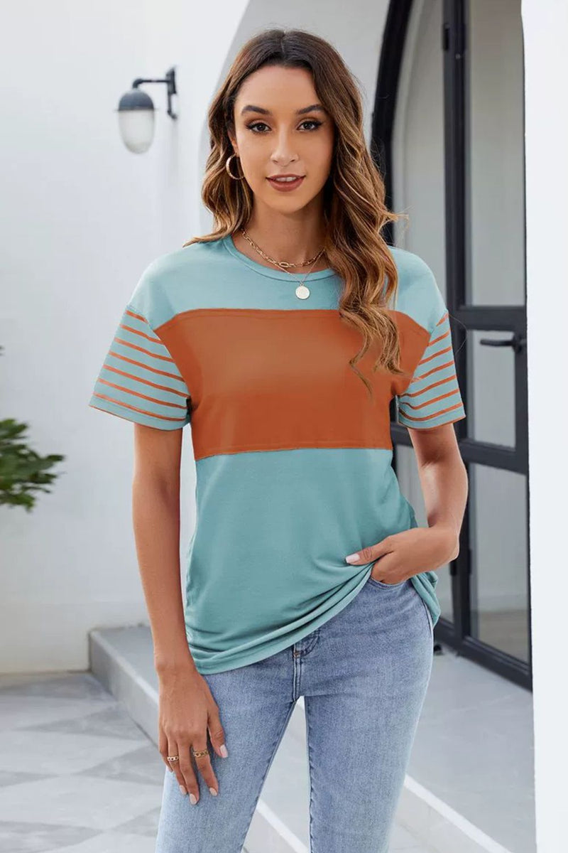 Color Block Round Neck Short Sleeve T-Shirt