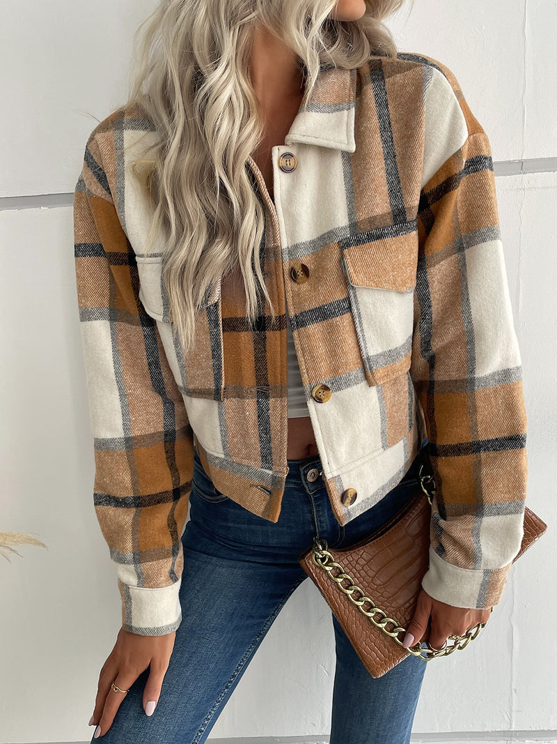 Perfee Plaid Button Up Drop Shoulder Cropped Jacket Khaki