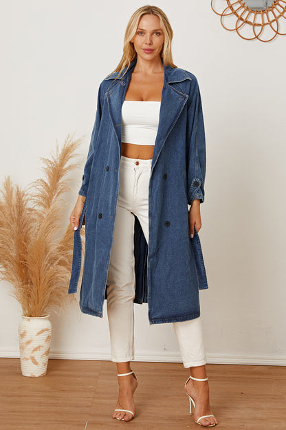 MeiMei Double-Breasted Belted Longline Denim Jacket