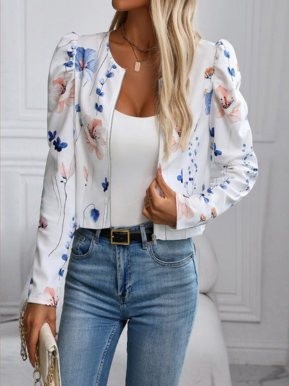 Printed Zip Up Long Sleeve Jacket White