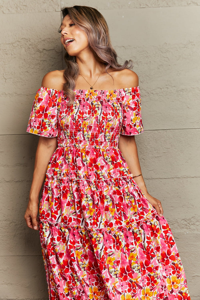 Floral Off-Shoulder Frill Trim Maxi Dress