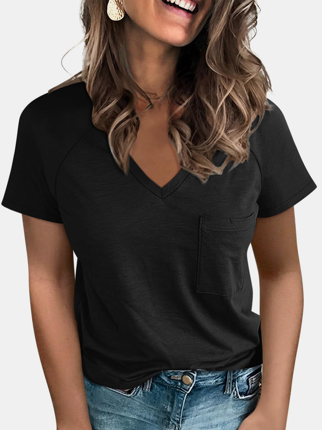 Pocketed V-Neck Short Sleeve T-Shirt Black