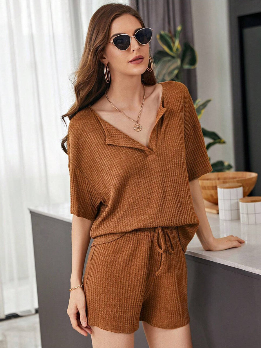 Full Size Waffle-Knit Dropped Shoulder Top and Shorts Set Caramel