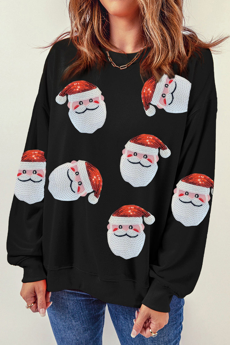 Sequin Santa Patch Round Neck Sweatshirt Black