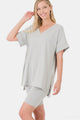 Zenana Full Size V-Neck Short Sleeve Slit T-Shirt and Shorts Set Lt Grey