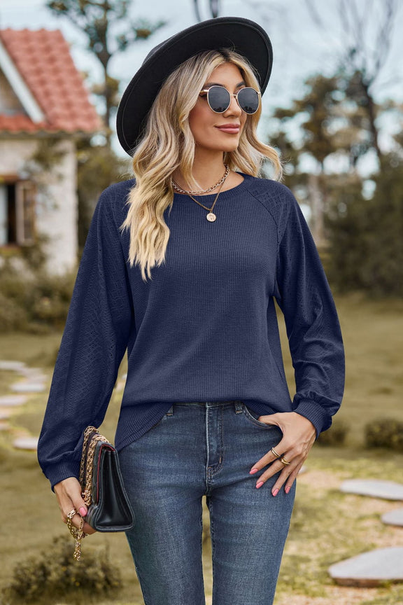 Round Neck Raglan Sleeve Sweatshirt Dark Blue
