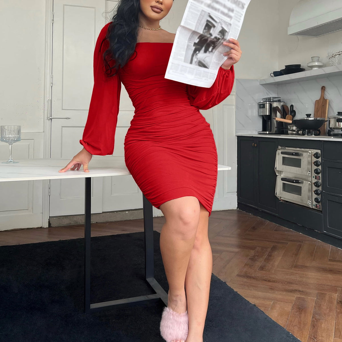 Zip-Back Ruched Bodycon Dress