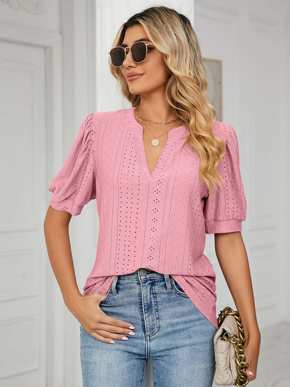 Florira Eyelet Notched Short Sleeve T-Shirt Pink