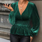 Perfee Smocked Surplice Lantern Sleeve Peplum Blouse