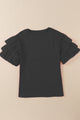 Ruffled Round Neck Short Sleeve Blouse Black