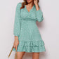 Printed Surplice Neck Puff Sleeve Ruffle Hem Dress