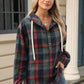 Drawstring Plaid Hooded Long Sleeve Top