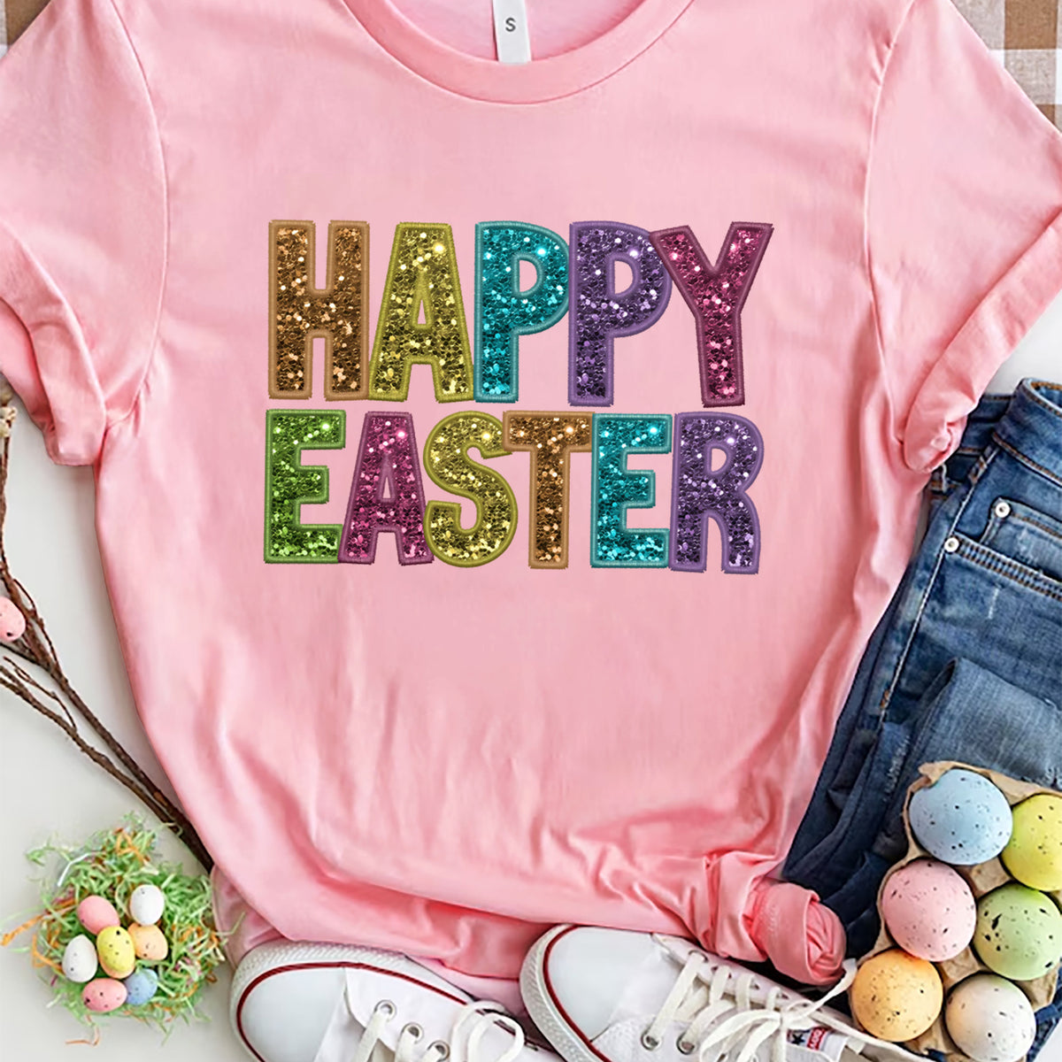 HAPPY EASTER Round Neck Short Sleeve T-Shirt Dusty Pink