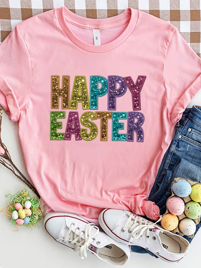 HAPPY EASTER Round Neck Short Sleeve T-Shirt Dusty Pink