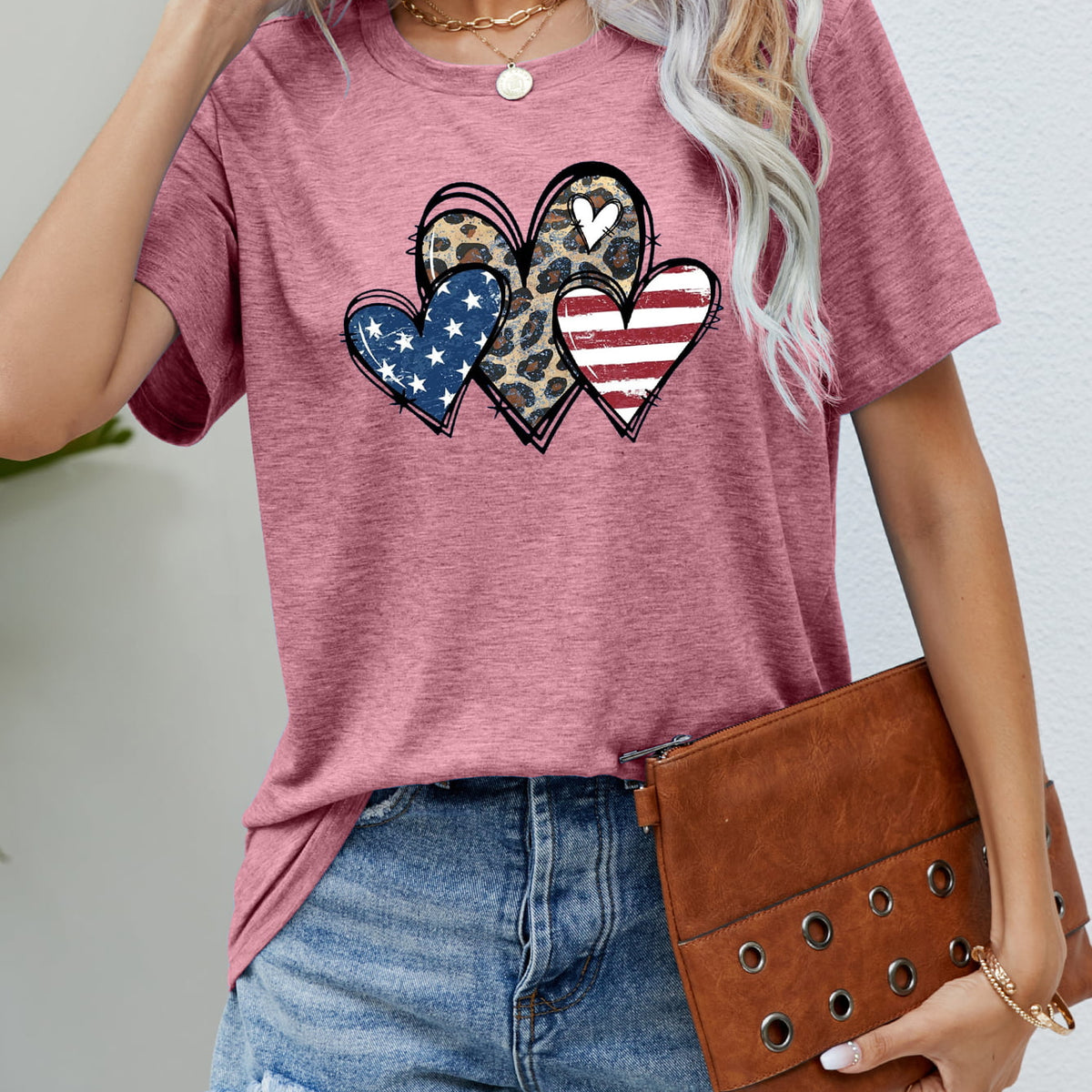 US Flag Leopard Heart Graphic Tee Dusty Pink