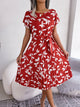 Printed Round Neck Short Sleeve Pleated Dress Deep Red