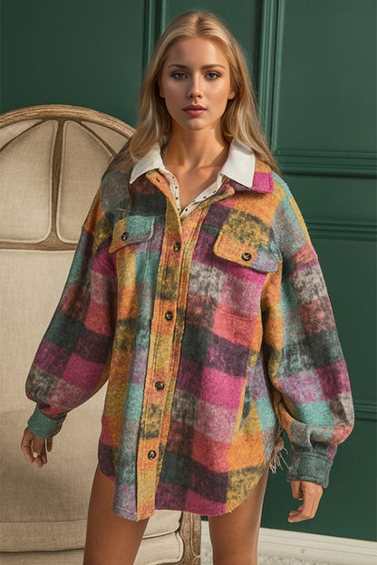 Double Take Full Size Button Up Plaid Fleece Shacket with Pockets Multicolored