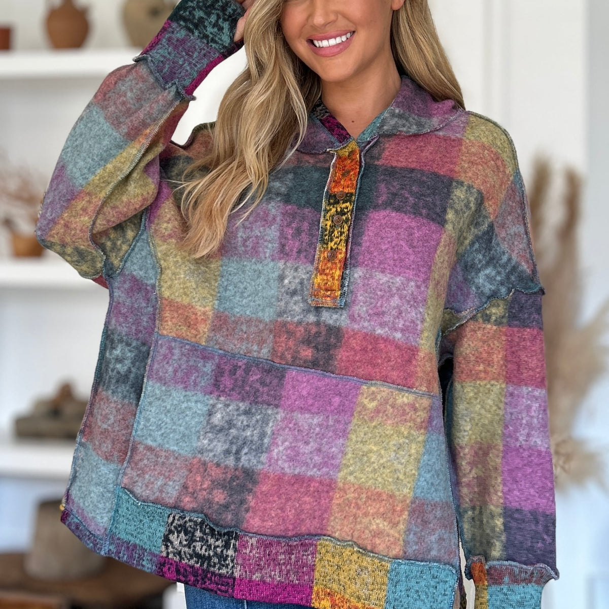 Double Take Full Size Plaid Dropped Shoulder Fleece Hoodie