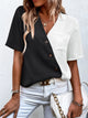 Decorative Button Surplice Short Sleeve Blouse Black