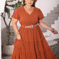 Plus Size Ruched Lace Detail V-Neck Short Sleeve Dress